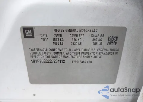 2012 Chevrolet Cruze 1Lt z USA, uszkodzony, nr VIN 1G1PF5SC2C7204112